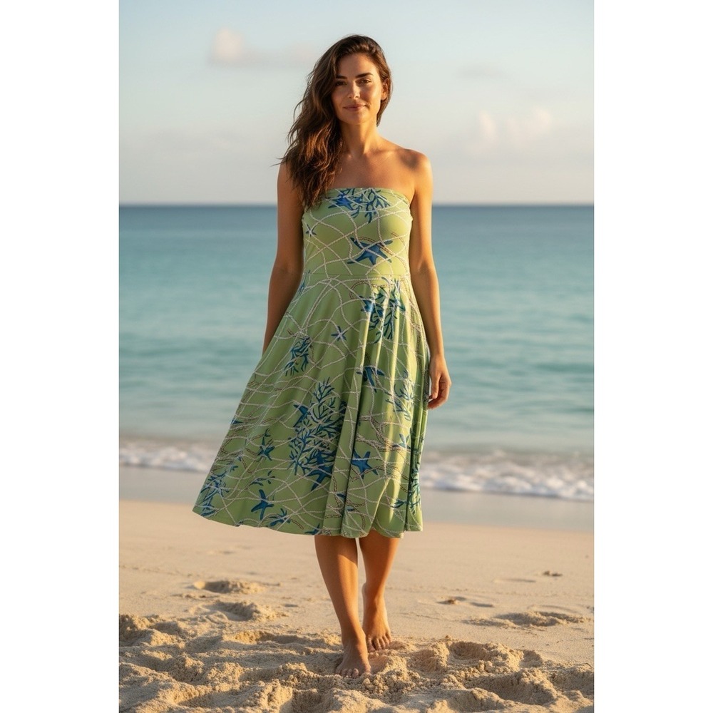 Unbranded Strapless Midi‎ Dress Women Medium Green Nautical Starfish Excellent